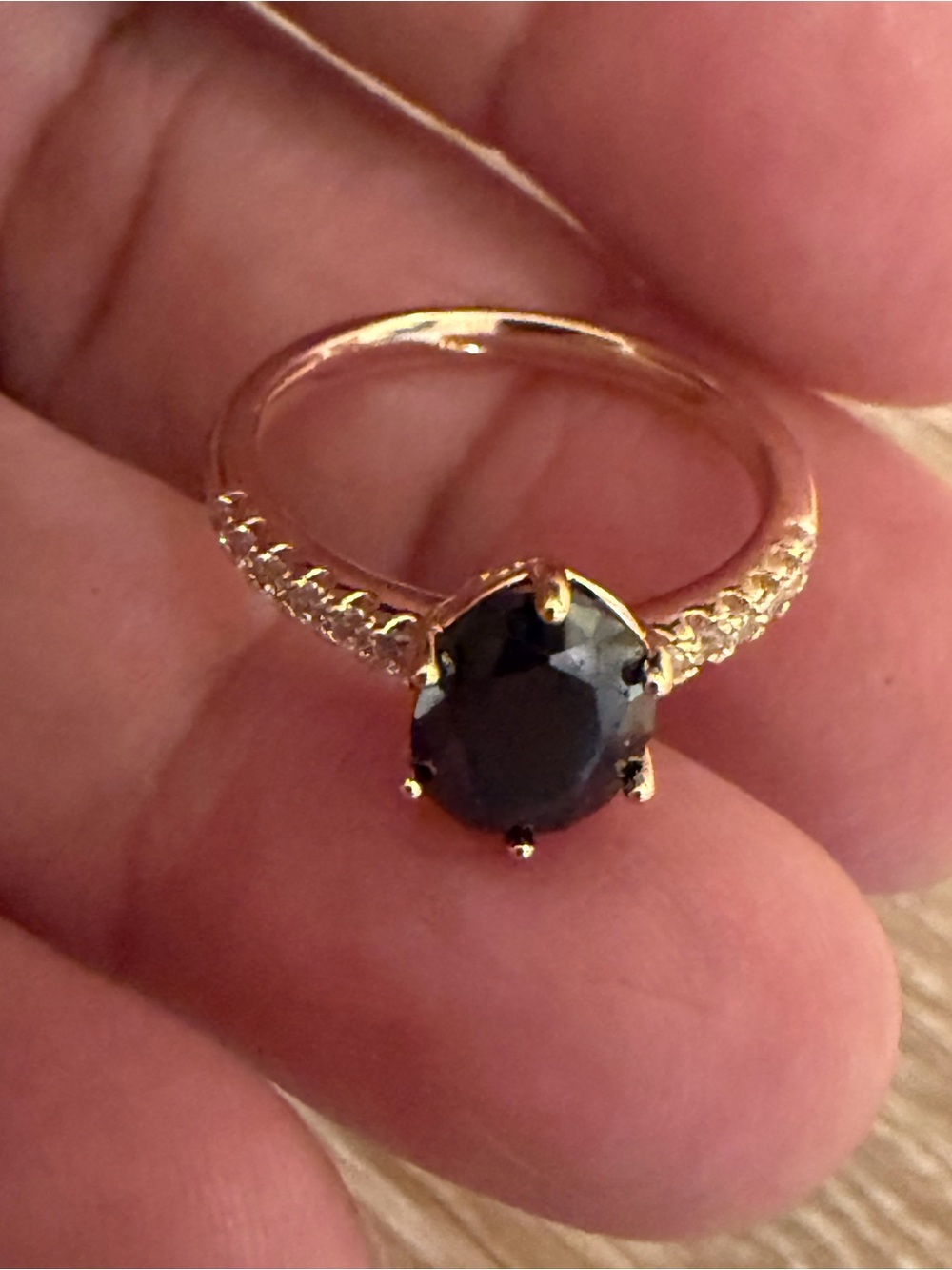 Gold Ring with Black Center Stone and Pavé Shoulders
